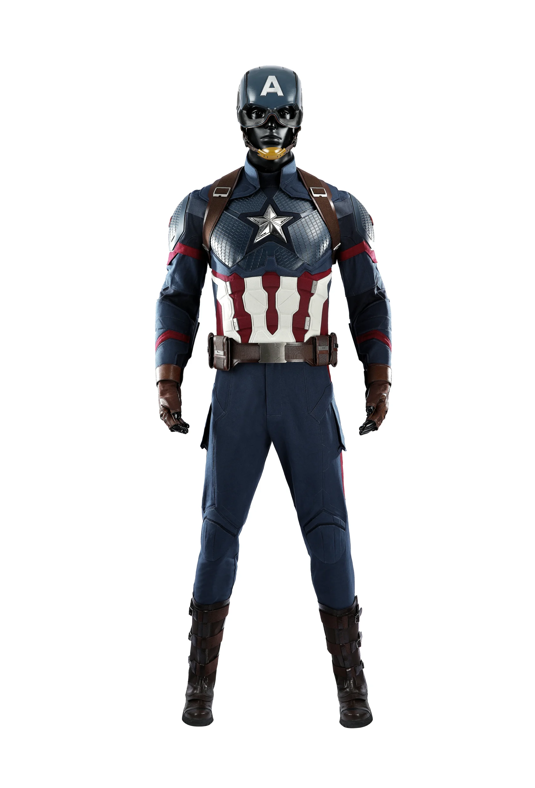 Avengers Endgame Captain America Steve Rogers cosplay costume front view displaying detailed battle suit and shield