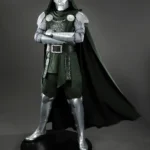 Avengers Doomsday Doctor Doom cosplay costume front view, metallic armor with green cloak and mask
