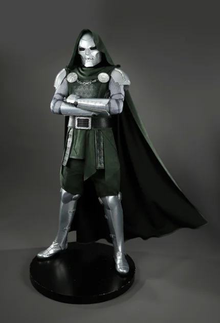 Avengers Doomsday Doctor Doom cosplay costume front view, metallic armor with green cloak and mask