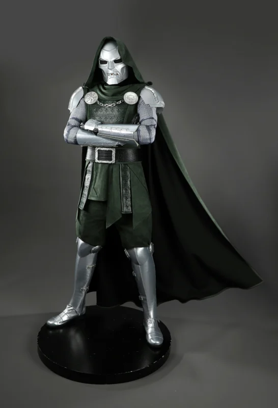 Avengers Doomsday Doctor Doom cosplay costume front view, metallic armor with green cloak and mask