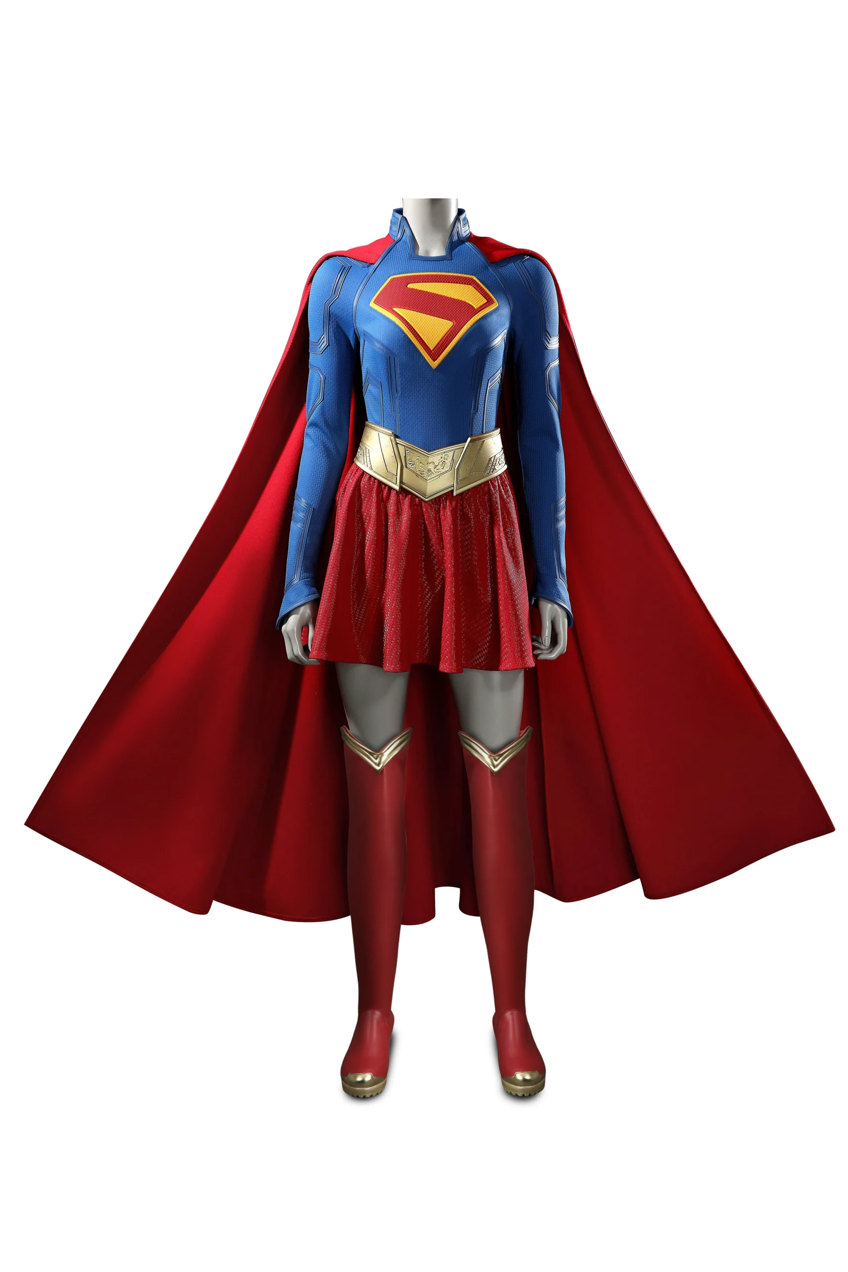 Supergirl cosplay costume featuring blue bodysuit, red cape, and gold emblem on mannequin display at ZCcosplay Supergirl Cosplay Costume Front View
