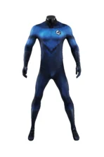 Front view of Fantastic Four Human Torch cosplay costume, blue and white bodysuit with emblem "4" on chest.