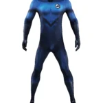 Front view of Fantastic Four Human Torch cosplay costume, blue and white bodysuit with emblem "4" on chest.