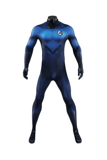 Front view of Fantastic Four Human Torch cosplay costume, blue and white bodysuit with emblem "4" on chest.