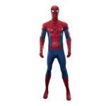 Miles Morales Across the Spider-Verse cosplay costume on a white mannequin featuring red and black suit with web pattern and spider emblem