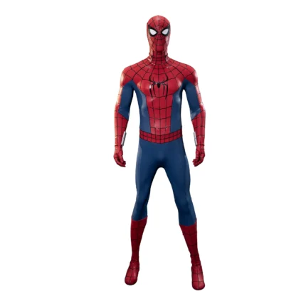 Miles Morales Across the Spider-Verse cosplay costume on a white mannequin featuring red and black suit with web pattern and spider emblem