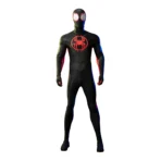 Miles Morales Across the Spider-Verse cosplay costume displayed on a white mannequin, featuring red and black suit with web pattern and spider emblem