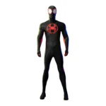 Miles Morales Across the Spider-Verse cosplay costume displayed on a white mannequin, featuring red and black suit with web pattern and spider emblem