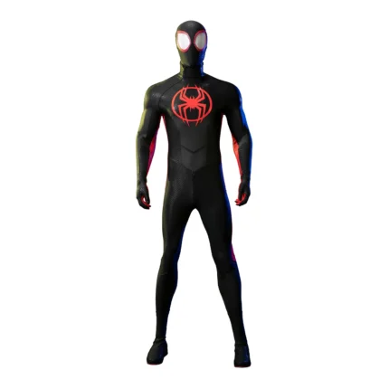 Miles Morales Across the Spider-Verse cosplay costume displayed on a white mannequin, featuring red and black suit with web pattern and spider emblem