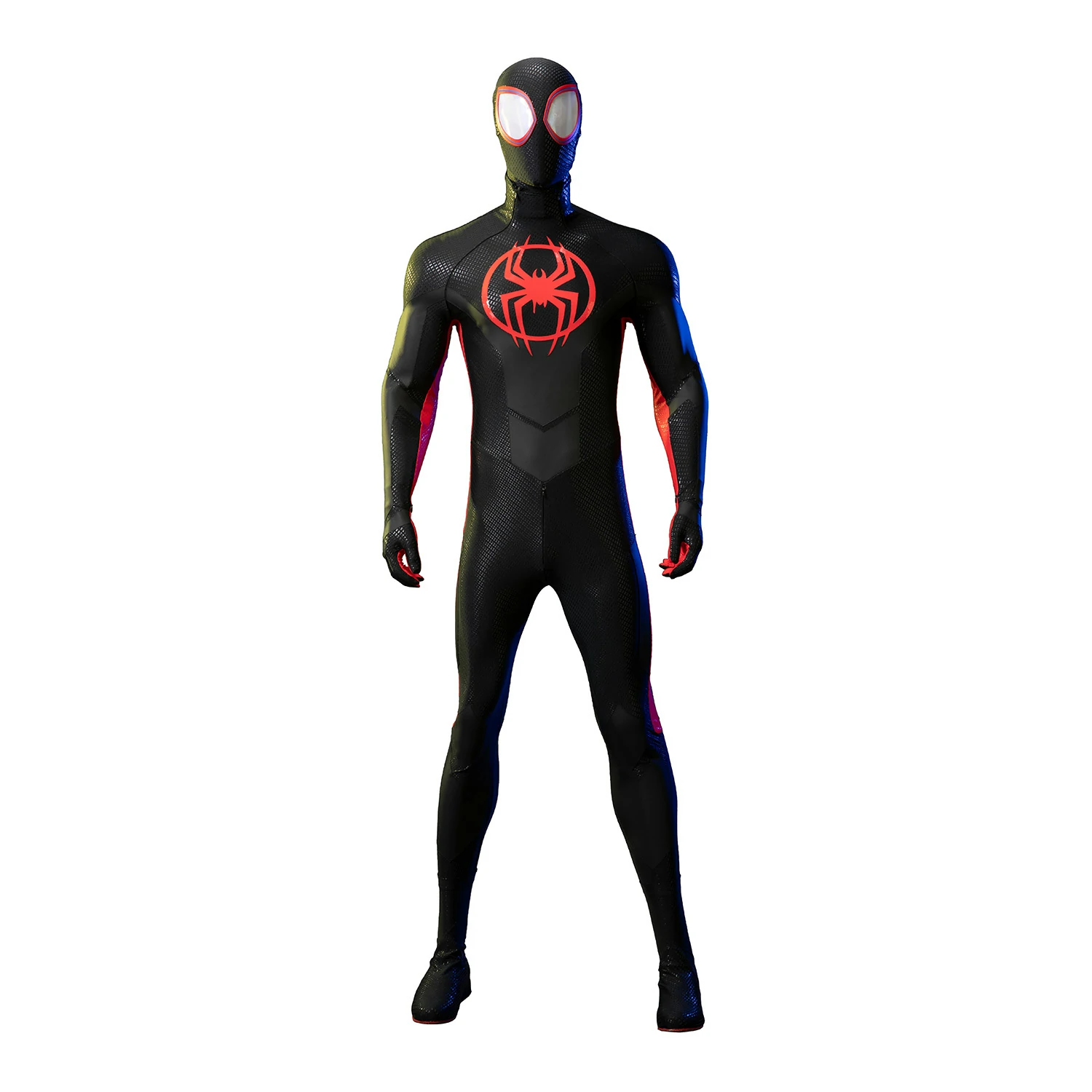 Miles Morales Spider-Man Deluxe Cosplay Suit on White Mannequin Miles Morales Across the Spider-Verse cosplay costume displayed on a white mannequin, featuring red and black suit with web pattern and spider emblem