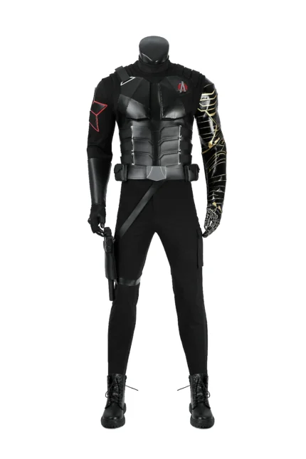 Winter Soldier Bucky Barnes cosplay costume full set front view with cybernetic metal arm and tactical suit for men
