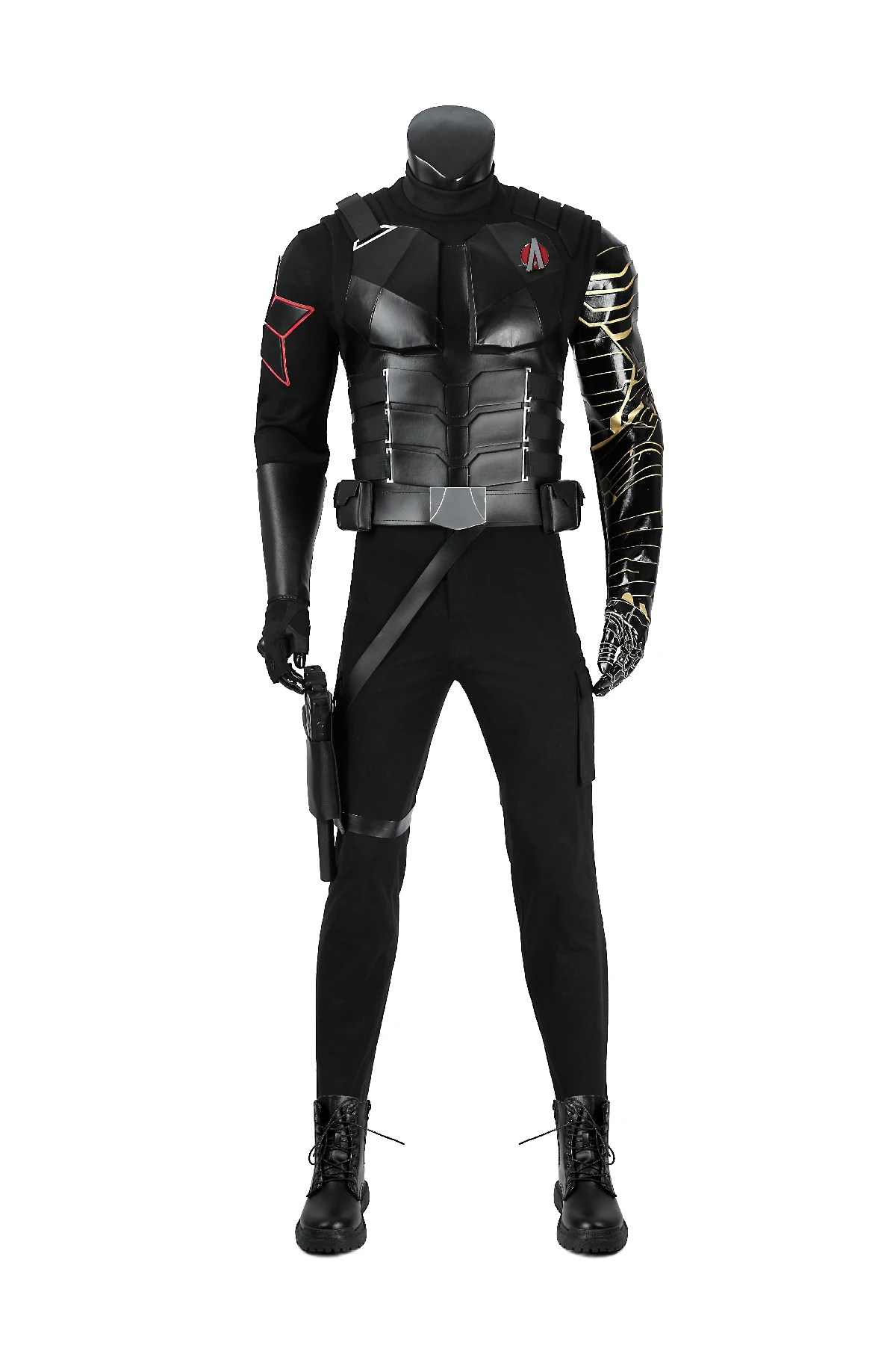 Winter Soldier Bucky Barnes Cosplay Costume (1) Winter Soldier Bucky Barnes cosplay costume full set front view with cybernetic metal arm and tactical suit for men