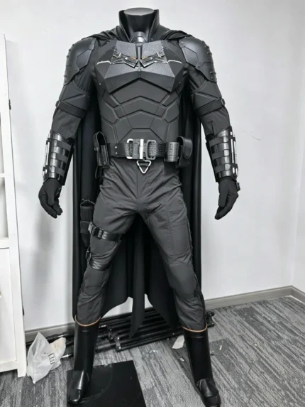 The Batman 2022 Bruce Wayne Robert Pattinson cosplay costume front view, full suit with cape and mask