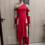 Daredevil Elektra cosplay costume front view, red ninja-style suit with sais and mask