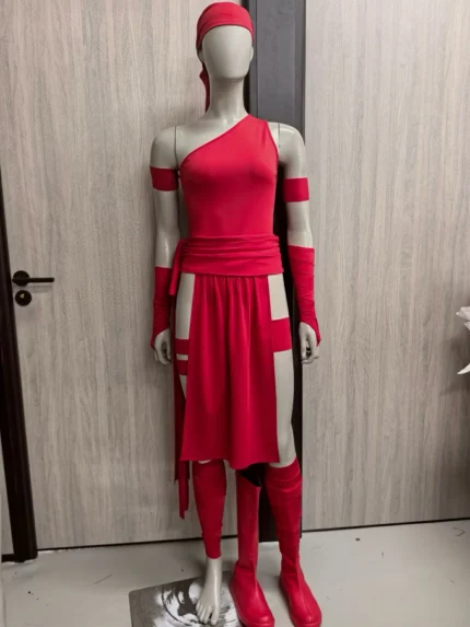 Daredevil Elektra cosplay costume front view, red ninja-style suit with sais and mask
