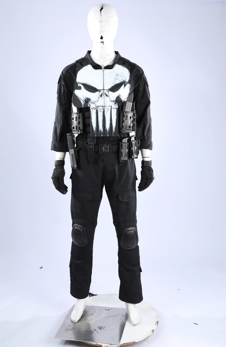 Punisher One Last Kill Cosplay Costume The Punisher One Last Kill cosplay costume front view with skull emblem, tactical vest, and combat pants