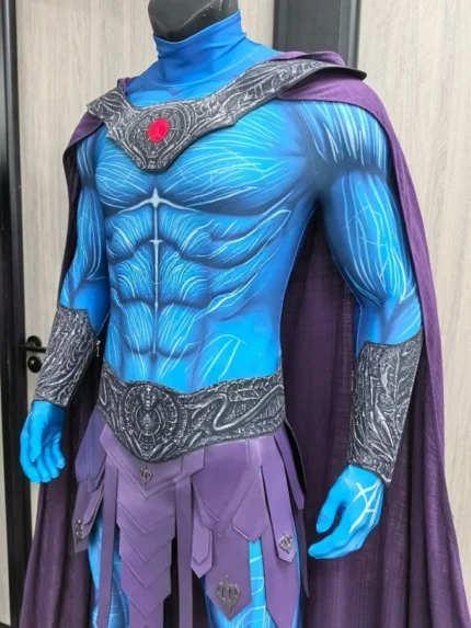 Masters of the Universe Skeletor cosplay costume front view, blue bodysuit with skull mask, purple hood and Havoc Staff