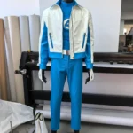 Avengers Doomsday Mister Fantastic cosplay costume suit front view – Reed Richards blue tactical jumpsuit with white lab coat jacket and belt