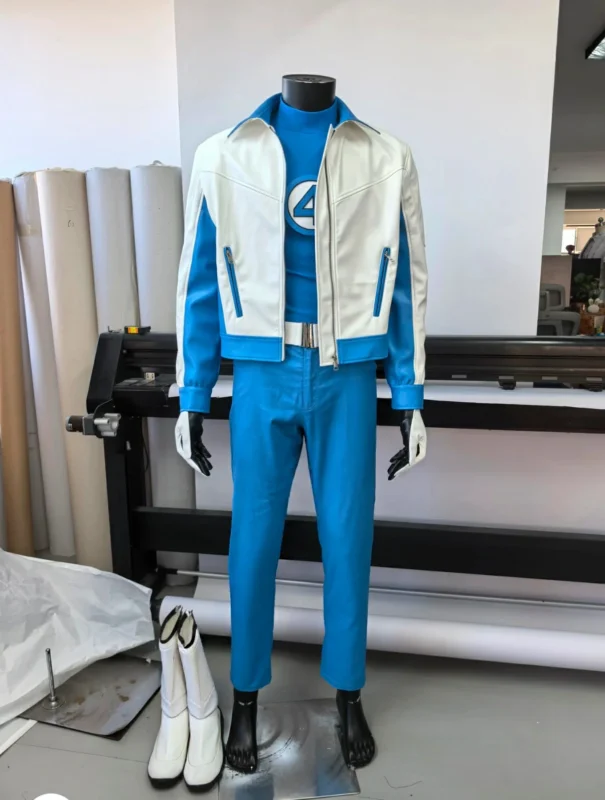 Avengers Doomsday Mister Fantastic cosplay costume suit front view – Reed Richards blue tactical jumpsuit with white lab coat jacket and belt