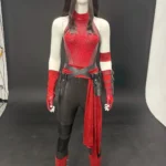 Daredevil Season 3 Elektra Natchios full cosplay costume suit on mannequin, screen accurate red black women ninja outfit for Halloween comic con