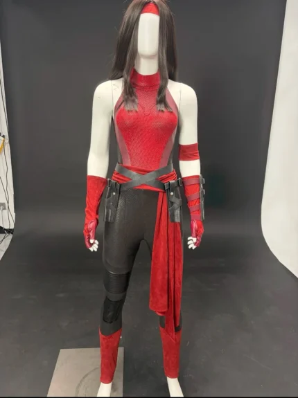 Daredevil Season 3 Elektra Natchios full cosplay costume suit on mannequin, screen accurate red black women ninja outfit for Halloween comic con