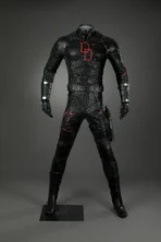 Daredevil Born Again Season 2 Matt Murdock cosplay costume, black tactical bodysuit with red DD logo, vest, helmet, gloves and full harness accessories