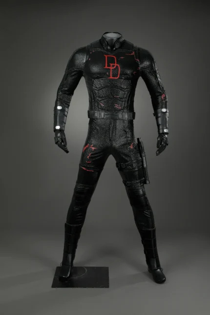 Daredevil Born Again Season 2 Matt Murdock cosplay costume, black tactical bodysuit with red DD logo, vest, helmet, gloves and full harness accessories