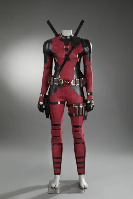 Female Deadpool Wade Wilson cosplay costume from Deadpool 3, screen accurate red suit full outfit
