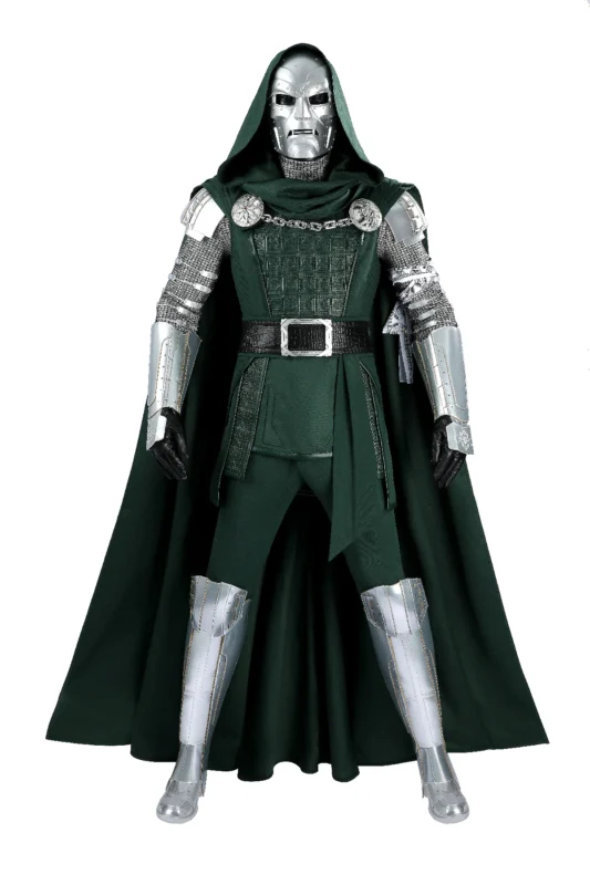 Avengers Doomsday Doctor Doom Victor von Doom cosplay costume, green hooded cloak, metallic armor bodysuit, belt and full accessories