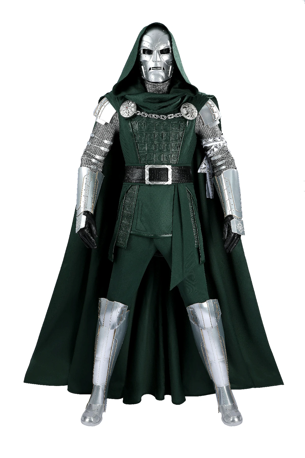 Doctor Doom cosplay (1) Avengers Doomsday Doctor Doom Victor von Doom cosplay costume, green hooded cloak, metallic armor bodysuit, belt and full accessories