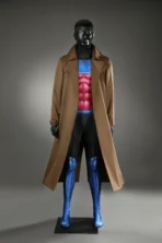 Gambit Remy Etienne LeBeau cosplay costume X‑Men 97, muscle‑printed bodysuit, long brown trench coat and face mask
