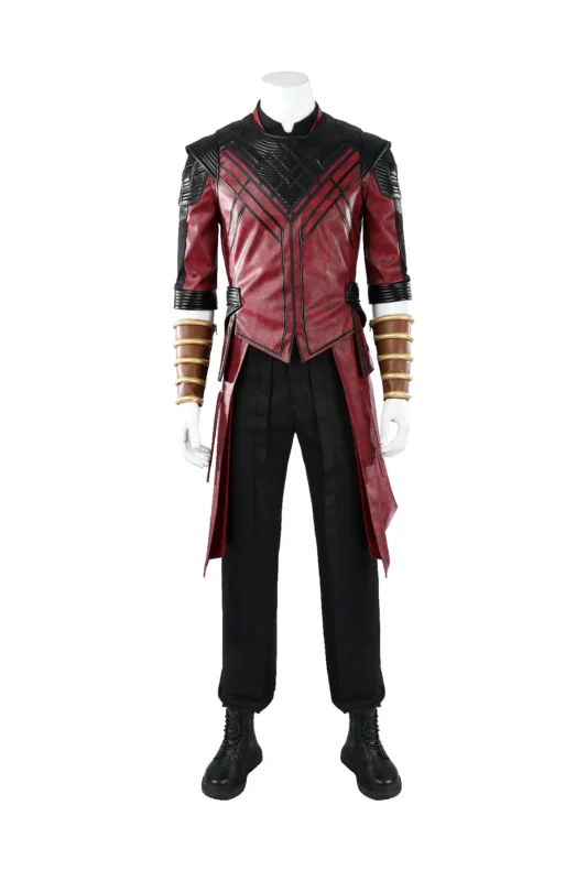 vengers Doomsday Shang‑Chi cosplay costume, red‑black martial arts top, black faux‑leather pants, sash and wrist bracers