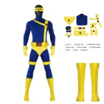 X‑Men 97 Cyclops Scott Summers cosplay costume classic blue yellow jumpsuit with visor, shoulder harness, utility belt and gloves