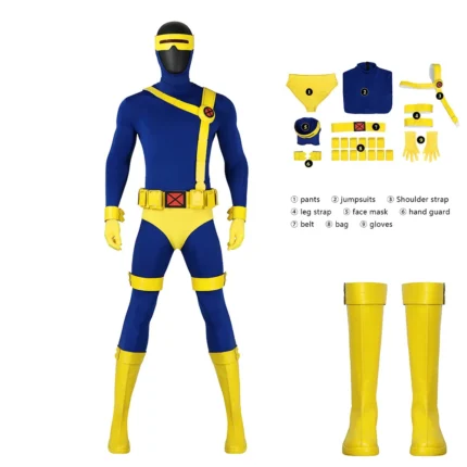 X‑Men 97 Cyclops Scott Summers cosplay costume classic blue yellow jumpsuit with visor, shoulder harness, utility belt and gloves