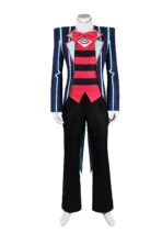 Vox Cosplay Costume from Hazbin Hotel - Full outfit featuring a flat-screen TV head design, blue and red color scheme, and formal suit.
