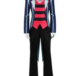 Vox Cosplay Costume from Hazbin Hotel - Full outfit featuring a flat-screen TV head design, blue and red color scheme, and formal suit.